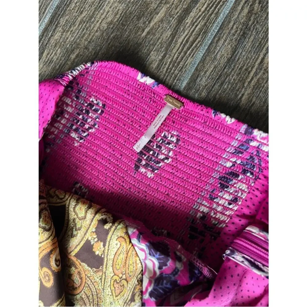 FREE PEOPLE Miranda Printed Jumpsuit In Jewel Combo Large Bohemian Pink and Gold